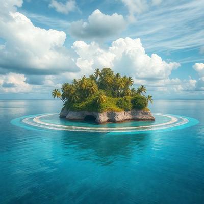 The primary subject of the image is a small island in the middle of a large body of water. The island is surrounded by a lush green landscape, featuring palm trees and a sandy beach. The setting is a serene and picturesque scene, with the water providing a calm and tranquil atmosphere. The visual style of the image is a combination of photo and digital art, creating a realistic yet artistic representation of the island. The colors and mood of the image are predominantly green and blue, reflecting the